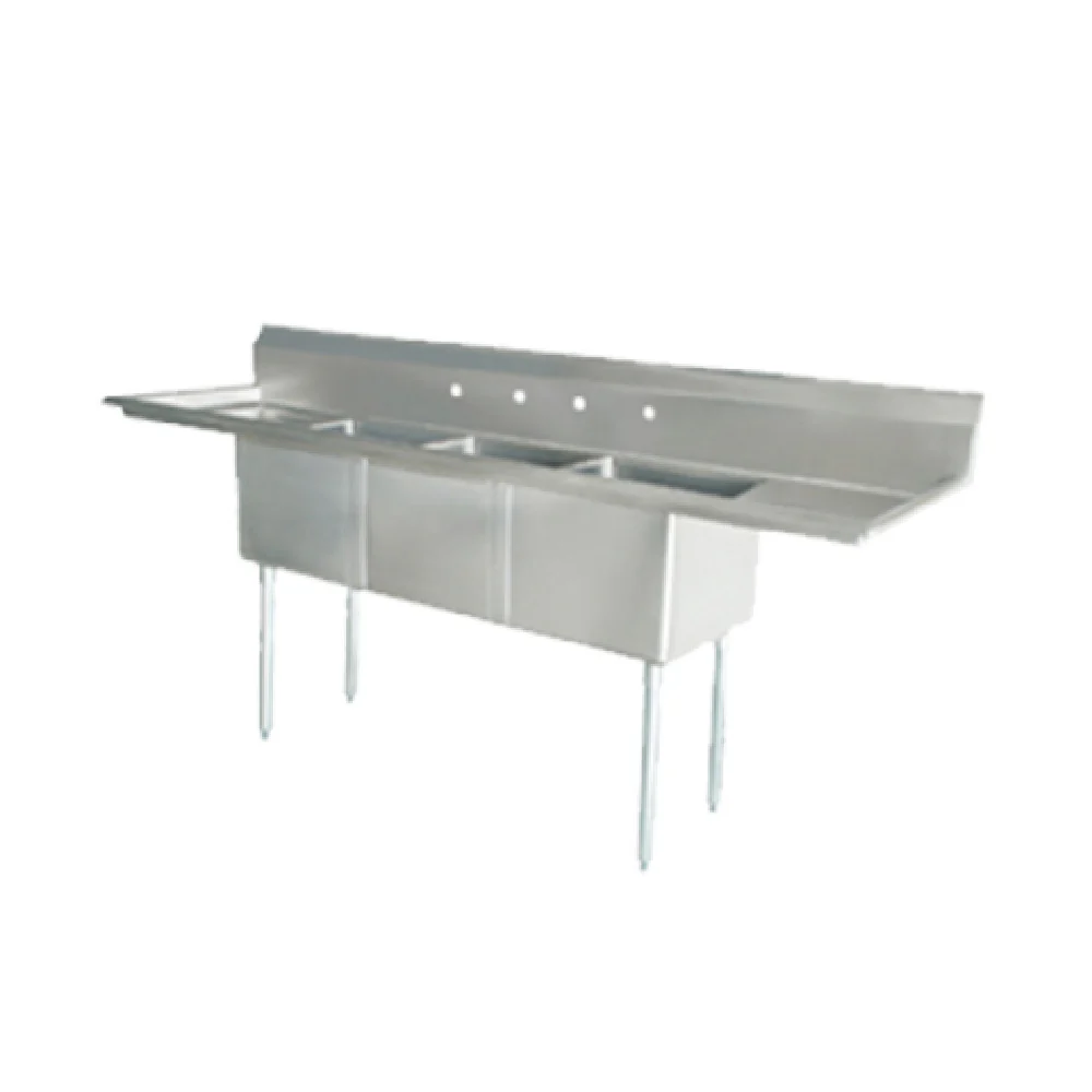 Omcan 25273 90 Inch Pot Sink Three Compartment 21 Inch Front To Back 18 Inch Wide 14 Inch Deep Bowls Stainless Steel with Left and Right Drainboards