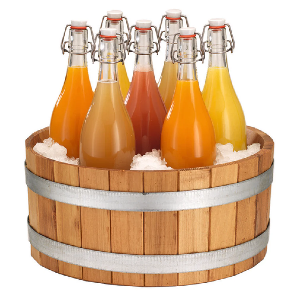 GET Enterprises LSC070H001 15-3/4 Inch Round Beverage Tub with 7 Glass Bottles Wood