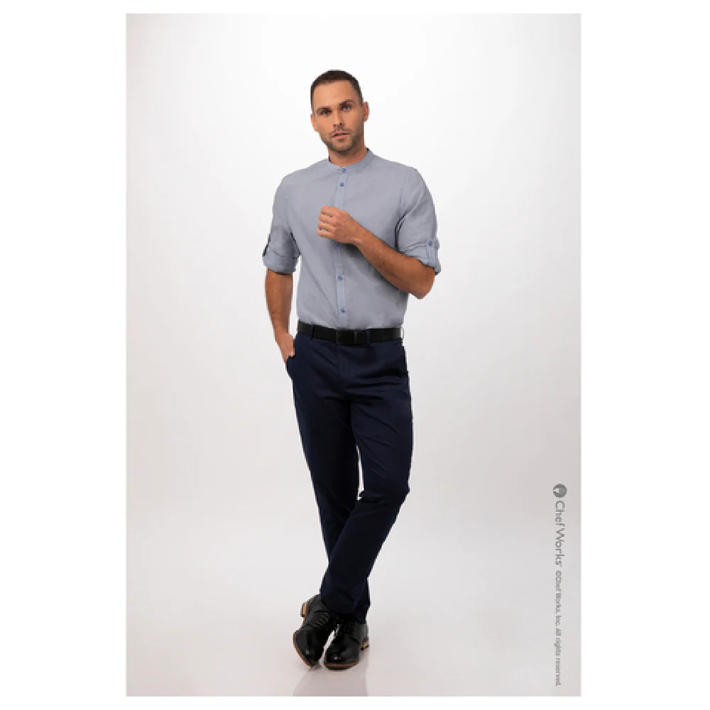 Chef Works SFB02BLUXL XL Men's Dress Shirt Long Sleeves Roll-up Blue Banded Collar Cotton Poly