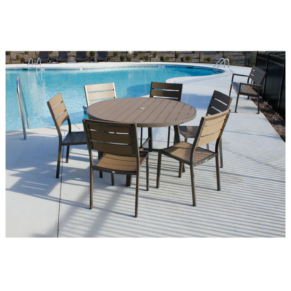 Plantation Prestige Commercial Furniture 8773600-01 36 Inch Round Table Faux Wood Top with Umbrella Hole Aluminum Frame Plantation Prestige Commercial Furniture 8773600-01 36 Inch Round Table Faux Wood Top with Umbrella Hole Aluminum Frame