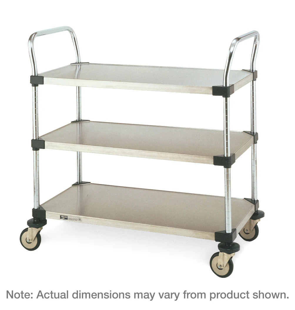 Metro MW206 36 Inch MW Standard Duty Utility Cart 3 Solid Shelves Stainless Steel with Push Handles