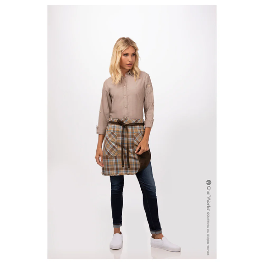 Chef Works AHR01-BRO-0 31-1/2 Inch Reversible Plaid Half Bistro Apron Brown 100% Cotton Chef Works AHR01-BRO-0 31-1/2 Inch Reversible Plaid Half Bistro Apron Brown 100% Cotton