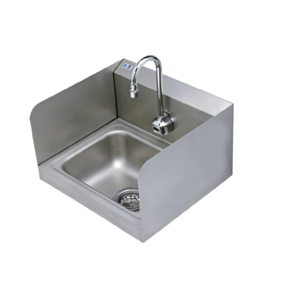 T&S Brass EC-3101-HG-1W-S Hand Sink Stainless Steel With Side Splash Shields And Single Hole Wall Mount Electronic Sensor Faucet With Polished Chrome Plated Brass Body And 4 1/8