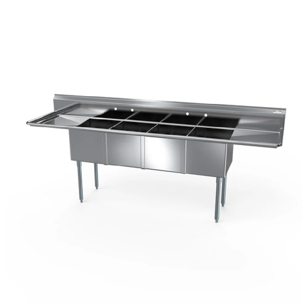 NBR Equipment 4SG-162014LR18 100 Inch Economy Sink Four Compartment 18 Gauge Stainless Steel with Drainboards