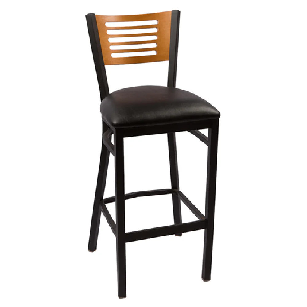 JMC Furniture JONES RIVER CLEAR COAT BARSTOOL VINYL 17 Width Slotted Wood Back Vinyl Seat Metal Frame with Footrest JMC Furniture JONES RIVER CLEAR COAT BARSTOOL VINYL 17 Width Slotted Wood Back Vinyl Seat Metal Frame with Footrest