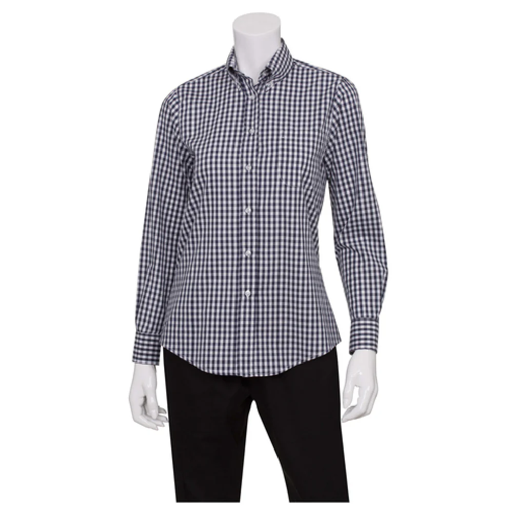 Chef Works W500-BWK-XS Women's Dress Shirt Long Sleeve 2-button Cuffs Polycotton White Navy Check