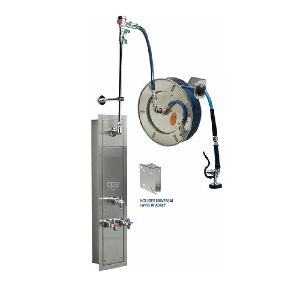 T&S Brass B-7132-U01WS7TC 35' Stainless Steel Open Hose Reel With Stainless Steel Recessed Cabinet With Top Inlets T&S Brass B-7132-U01WS7TC 35' Stainless Steel Open Hose Reel With Stainless Steel Recessed Cabinet With Top Inlets