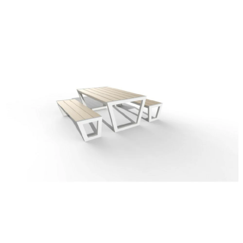 Plantation Prestige Commercial Furniture 8887065-0352 35-3/4 Inch Rectangular Table with Benches Aluminum White Frame Faux Wood Slats