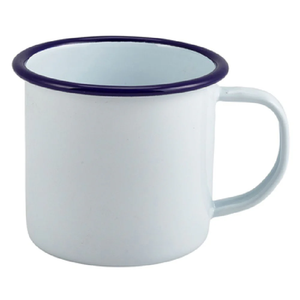 Steelite GW50008 12-1/2 Oz. Mug with Handle Porcelain Coated Steel White Blue Rim