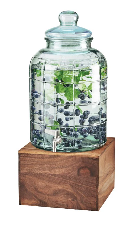 Cal Mil 3568-2-78 10 Inch Mid-Century Beverage Dispenser Ice Chamber Glass Walnut Base