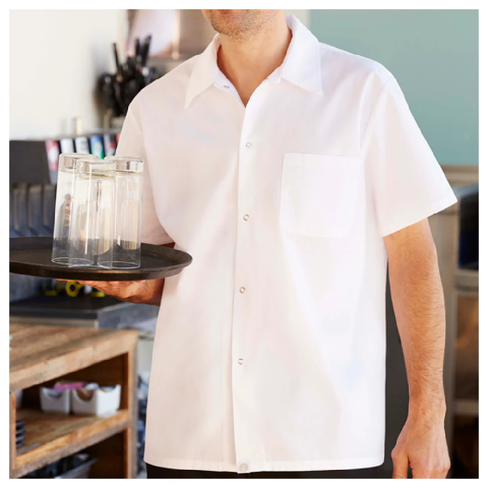 Chef Works SHYK-WHT-XL Utility Shirt Short Sleeves White Metal Snaps Poly Cotton Chef Works SHYK-WHT-XL Utility Shirt Short Sleeves White Metal Snaps Poly Cotton