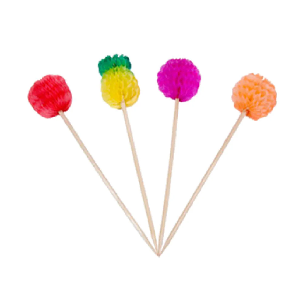 Town 51804 4 Inch Cocktail Food Pick Wood Assorted Fruit Characters 100 Packs