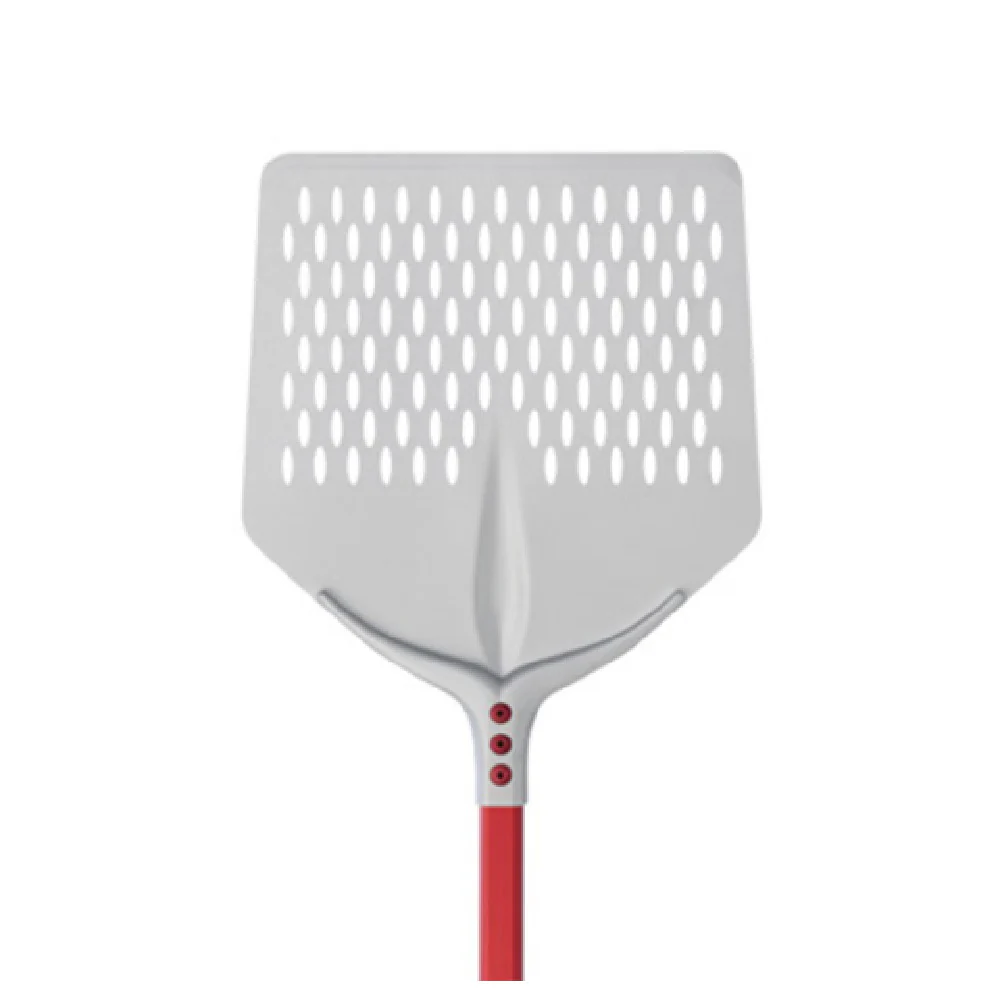 AMPTO 752F33 13 Inch Square Pizza Peel with Perforated Blade Red Handle Anodized Aluminium