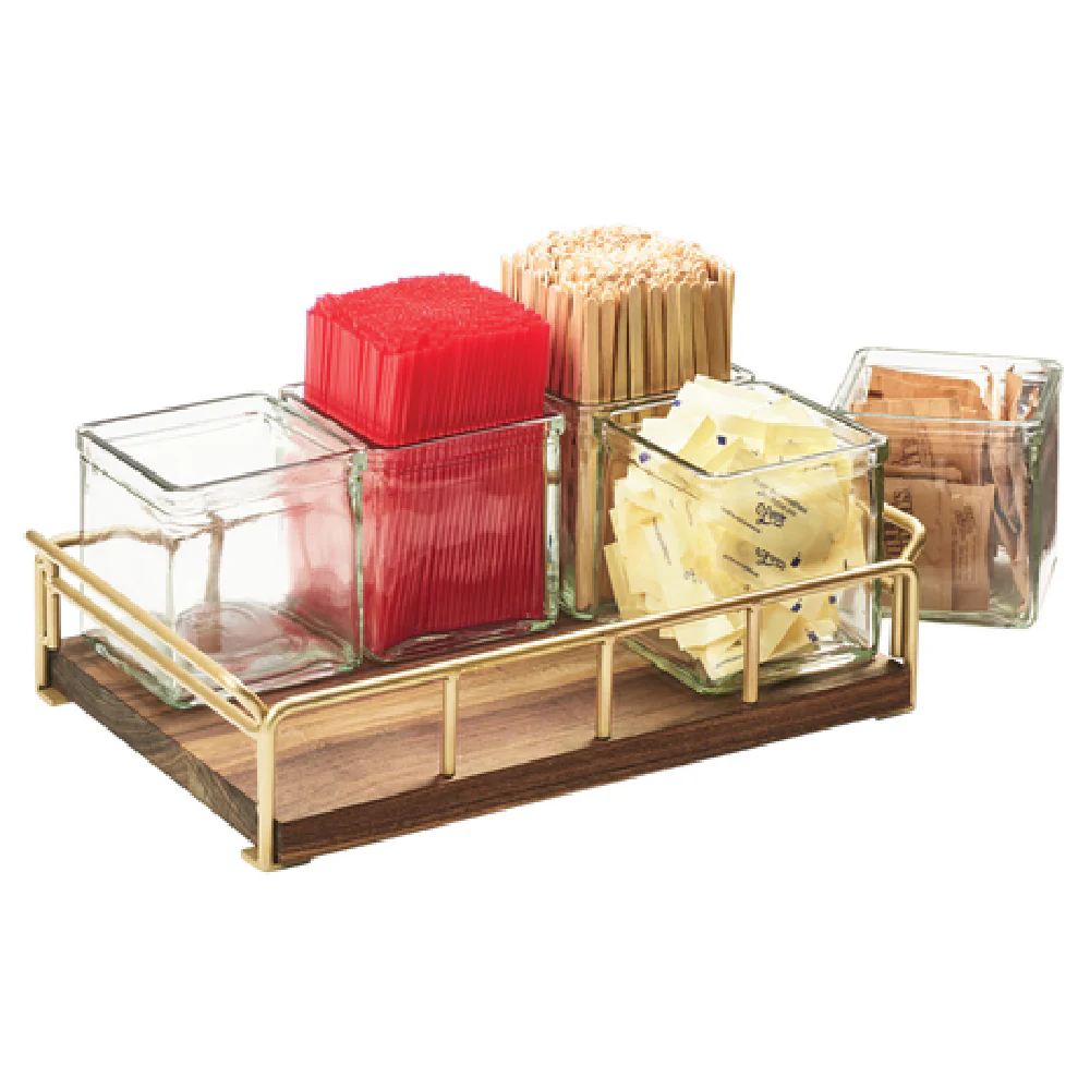 Cal Mil 3713-49 13-1/2 Inch Mid-Century Jar Organizer with Glass Jars Wood Chrome
