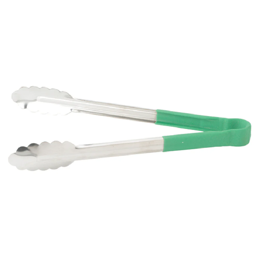 Winco UT-12HP-G 12 Inch Utility Tongs For Cold Food Service Stainless Steel Green Handle