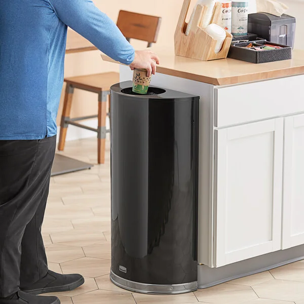 Rubbermaid® FGSO1220PLBK European Black with Chrome Accents Half Round Open Top Steel Trash Can with Rigid Plastic Liner 12 Gallon Rubbermaid® FGSO1220PLBK European Black with Chrome Accents Half Round Open Top Steel Trash Can with Rigid Plastic Liner 12 Gallon