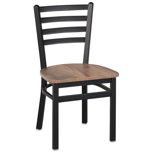 BFM Seating Lima Sand Black Customizable Steel Ladder Back Side Chair with Relic Knotty Pine Seat