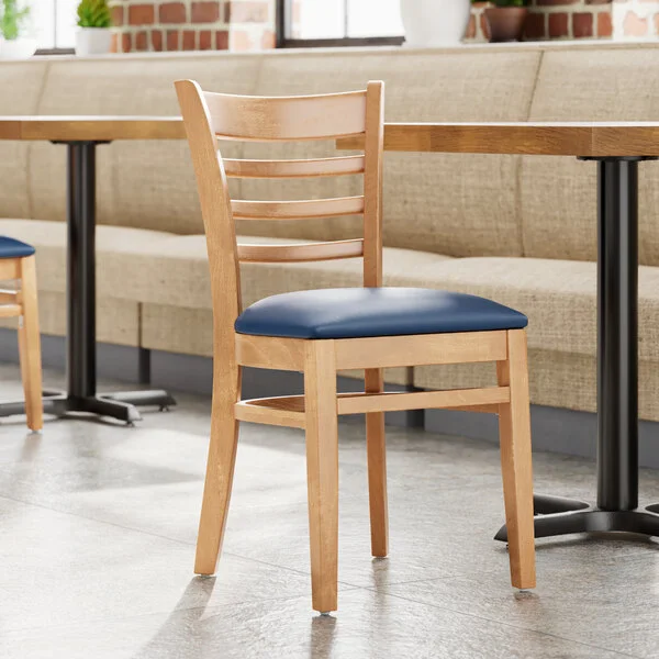Lancaster Table & Seating Natural Finish Wood Ladder Back Chair with Navy Vinyl Seat - Assembled Lancaster Table & Seating Natural Finish Wood Ladder Back Chair with Navy Vinyl Seat - Assembled