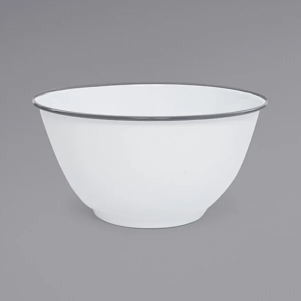Crow Canyon Home V23GRY Vintage 4 Qt. White Round Enamelware Footed Bowl with Gray Rolled Rim Crow Canyon Home V23GRY Vintage 4 Qt. White Round Enamelware Footed Bowl with Gray Rolled Rim