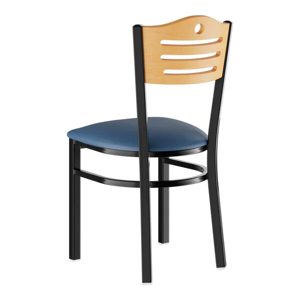Lancaster Table & Seating Black Finish Side Chair with Navy Vinyl Seat and Natural Wood Back - Assembled Lancaster Table & Seating Black Finish Side Chair with Navy Vinyl Seat and Natural Wood Back - Assembled