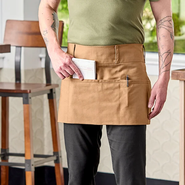 Uncommon Chef 3103 Caramel Customizable 100% Cotton Beltway Waist Apron with Natural Webbing and 3 Pockets - 14
