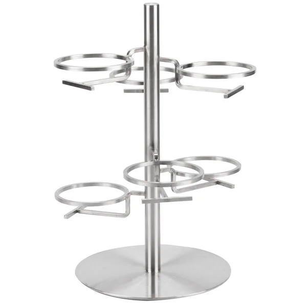 Cal-Mil 1858-4-55HL Mixology Stainless Steel Tiered 6 Jar Rotating Display for 16 oz. Jars with Hinged Lids - 14 Cal-Mil 1858-4-55HL Mixology Stainless Steel Tiered 6 Jar Rotating Display for 16 oz. Jars with Hinged Lids - 14