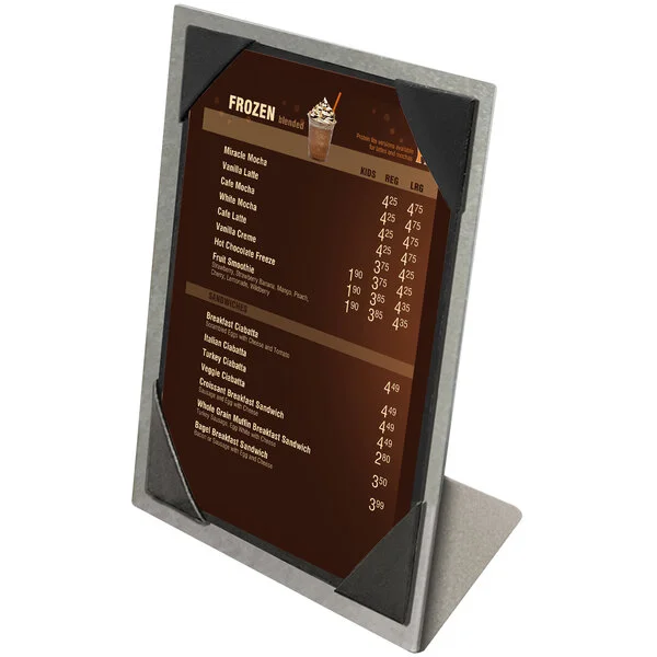Menu Solutions MTPIX-57 Alumitique Aluminum Menu Tent with Picture Corners - Brushed Finish - 5 Menu Solutions MTPIX-57 Alumitique Aluminum Menu Tent with Picture Corners - Brushed Finish - 5