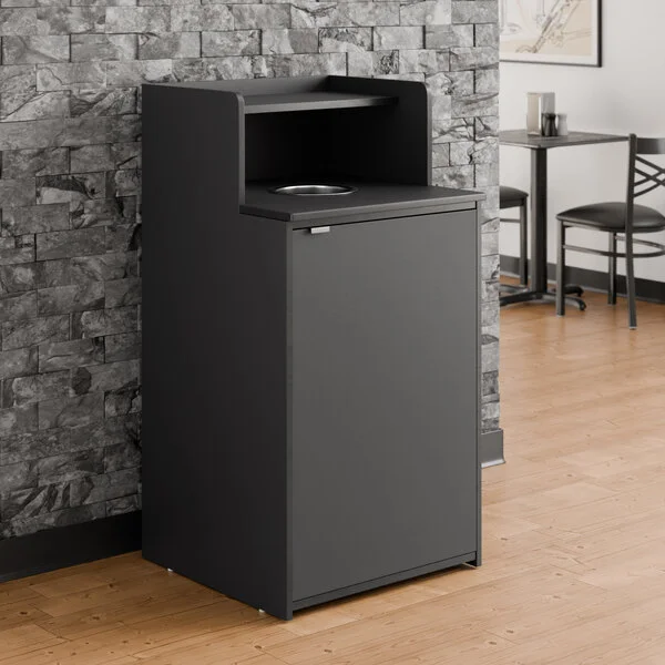 Lancaster Table & Seating Waste 32 Gallon Black Waste Receptacle Enclosure with Drop Hole and Tray Shelf Lancaster Table & Seating Waste 32 Gallon Black Waste Receptacle Enclosure with Drop Hole and Tray Shelf