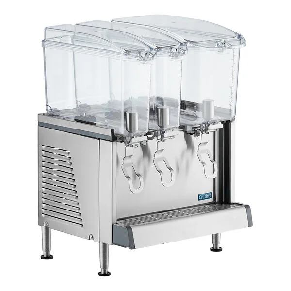 Crathco Triple Bowl Premix Cold Beverage Dispenser with (1) 4.75 Gallon Hopper, (2) 2.4 Gallon Hoppers, BPA-Free Lids, and Agitation Function Crathco Triple Bowl Premix Cold Beverage Dispenser with (1) 4.75 Gallon Hopper, (2) 2.4 Gallon Hoppers, BPA-Free Lids, and Agitation Function