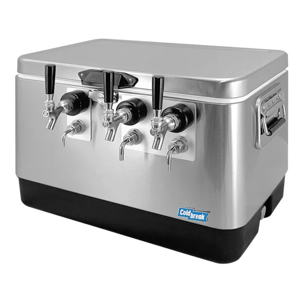 Coldbreak JOCK-3TF-SS54 Stainless Steel 3 Faucet 54 Qt. Insulated Jockey Box with Front Inputs and 50 ft. Coils