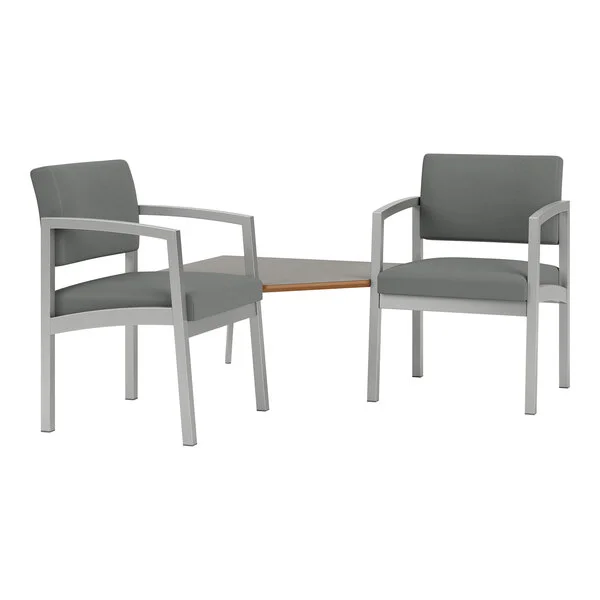 Lesro Lenox Steel Open House Asteroid Fabric Two Guest Arm Chairs with Sarum Twill Laminate Connecting Corner Table Lesro Lenox Steel Open House Asteroid Fabric Two Guest Arm Chairs with Sarum Twill Laminate Connecting Corner Table