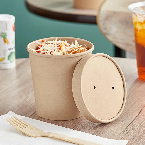 Choice 16 oz. Kraft Poly-Coated Paper Food Cup with Vented Paper Lid - 250/Case Choice 16 oz. Kraft Poly-Coated Paper Food Cup with Vented Paper Lid - 250/Case