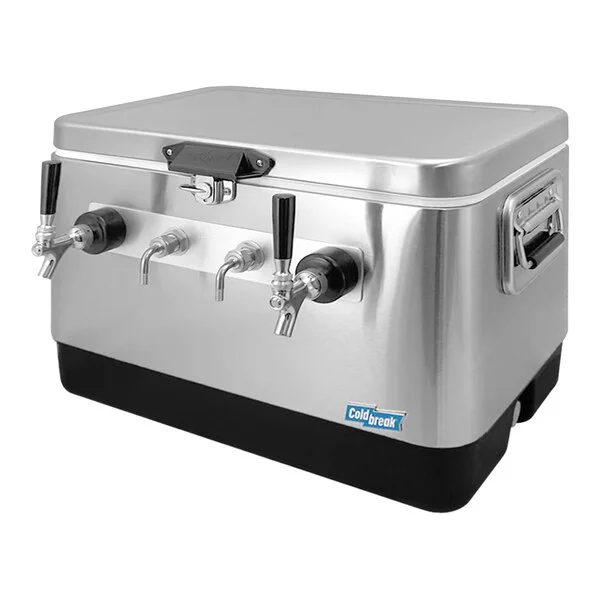 Coldbreak JOCK-2TF-SS54 Stainless Steel 2 Faucet 54 Qt. Insulated Jockey Box with Front Inputs and 50 ft. Coils