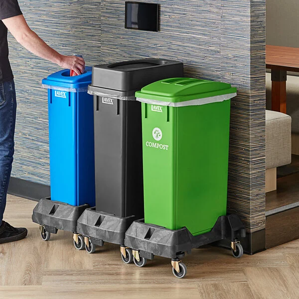 Lavex 69 Gallon 3-Stream Slim Rectangular Mobile Trash / Recycle / Compost Station with Black Drop Shot Lid, Green Flat Lid, and Blue Can / Bottle Lid