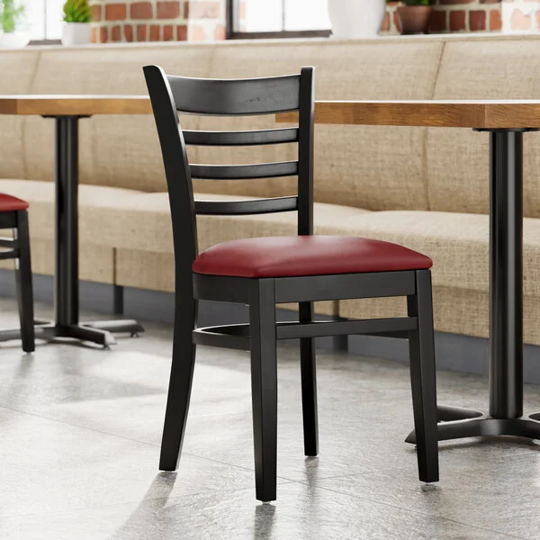 Lancaster Table & Seating Black Finish Wood Ladder Back Chair with Burgundy Vinyl Seat - Assembled Lancaster Table & Seating Black Finish Wood Ladder Back Chair with Burgundy Vinyl Seat - Assembled