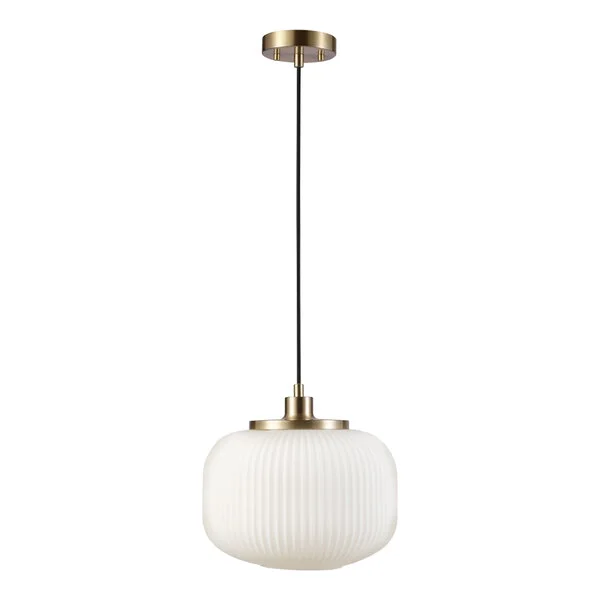 Globe Novogratz Grandmillenial Matte Brass Pendant Light with Frosted Ribbed Glass Shade - 120V, 60W Globe Novogratz Grandmillenial Matte Brass Pendant Light with Frosted Ribbed Glass Shade - 120V, 60W