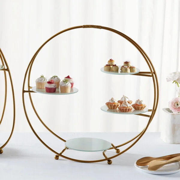 American Metalcraft SRG4 4 Tier Gold Round Stand with Frosted Glass Plates