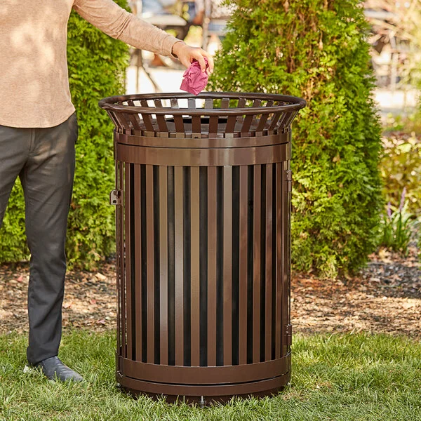 Lancaster Table & Seating 45 Gallon Heavy-Duty Round Brown Steel Slatted Outdoor Trash Can with Flat Lid and Door Lancaster Table & Seating 45 Gallon Heavy-Duty Round Brown Steel Slatted Outdoor Trash Can with Flat Lid and Door