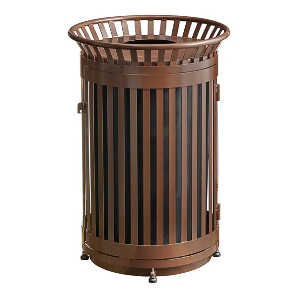 Lancaster Table & Seating 45 Gallon Heavy-Duty Round Brown Steel Slatted Outdoor Trash Can with Flat Lid and Door Lancaster Table & Seating 45 Gallon Heavy-Duty Round Brown Steel Slatted Outdoor Trash Can with Flat Lid and Door