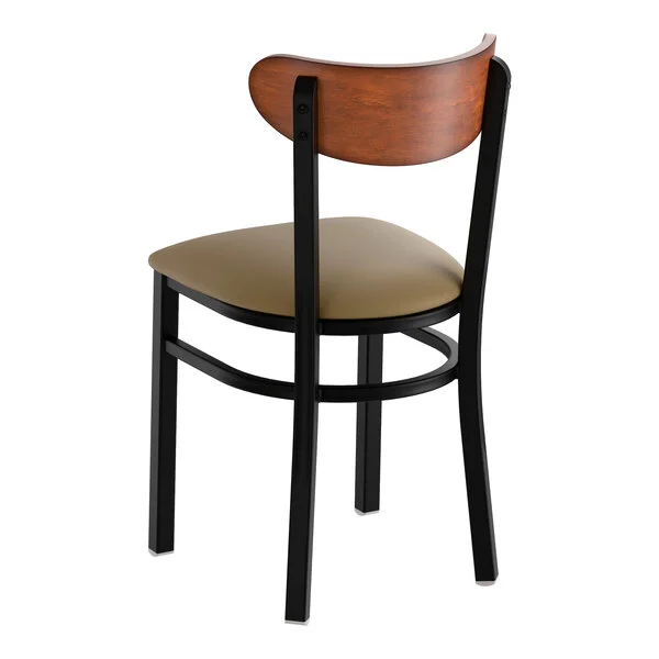 Lancaster Table & Seating Boomerang Black Finish Chair with Taupe Vinyl Seat and Antique Walnut Wood Back - Unassembled Lancaster Table & Seating Boomerang Black Finish Chair with Taupe Vinyl Seat and Antique Walnut Wood Back - Unassembled
