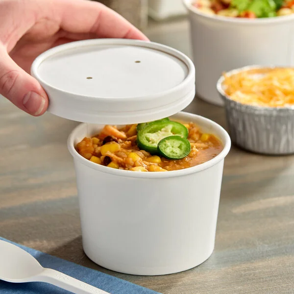 Choice 12 oz. Double Poly-Coated White Paper Food Cup with Vented Paper Lid - 25/Pack Choice 12 oz. Double Poly-Coated White Paper Food Cup with Vented Paper Lid - 25/Pack