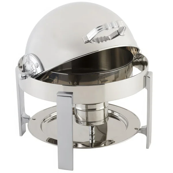 Bon Chef 20014CH Petite 3 Qt. Dripless Round Stainless Steel with Chrome Accents Roll Top Chafer with Contemporary Legs Bon Chef 20014CH Petite 3 Qt. Dripless Round Stainless Steel with Chrome Accents Roll Top Chafer with Contemporary Legs