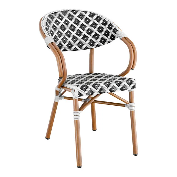 Lancaster Table & Seating Bistro Black and White Birdseye Weave Rattan Outdoor Arm Chair Lancaster Table & Seating Bistro Black and White Birdseye Weave Rattan Outdoor Arm Chair
