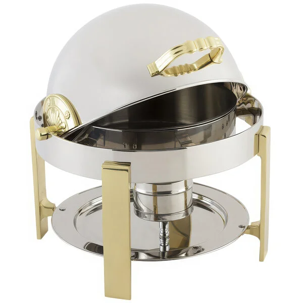Bon Chef 20014 Petite 3 Qt. Dripless Round Stainless Steel with Brass Accents Roll Top Chafer with Contemporary Legs Bon Chef 20014 Petite 3 Qt. Dripless Round Stainless Steel with Brass Accents Roll Top Chafer with Contemporary Legs