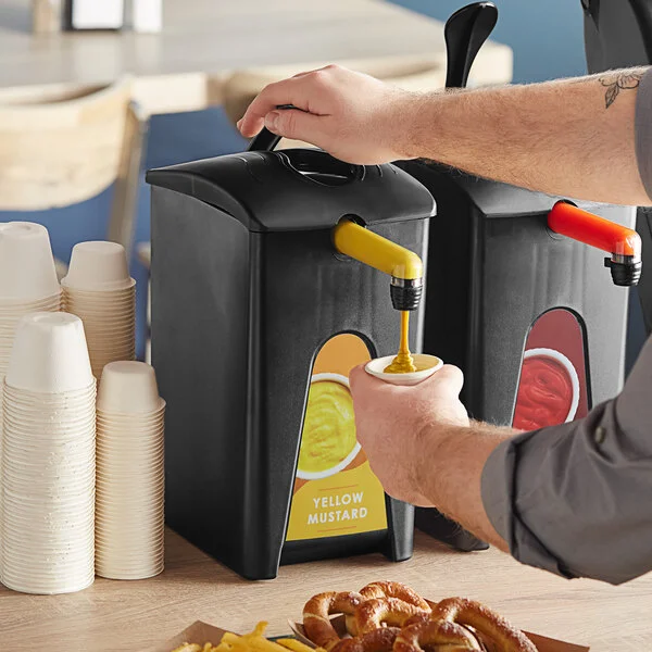 ServSense 1.5 Gallon Plastic Ketchup and Mustard Pouch Dispensers Set with 16 mm Fitments