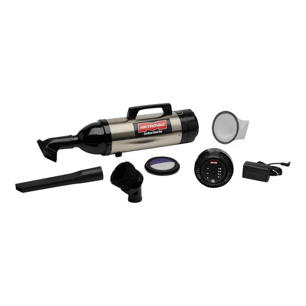 MetroVac CHV-S4 Stainless Steel 3-Speed Cordless Handheld Canister Vacuum Cleaner with Battery, Charger, and Tool Kit - 250W