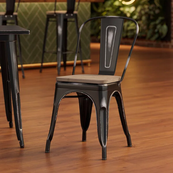 Lancaster Table & Seating Alloy Distressed Onyx Black Indoor Cafe Chair with Gray Wood Seat Lancaster Table & Seating Alloy Distressed Onyx Black Indoor Cafe Chair with Gray Wood Seat