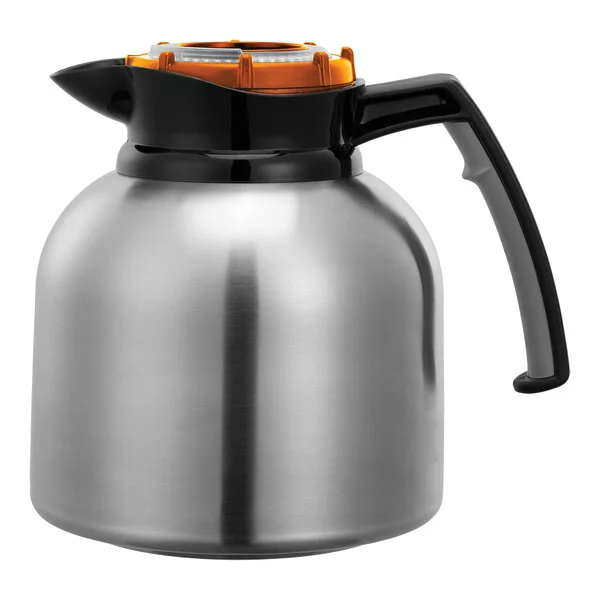 Service Ideas Brew 'N' Pour 64.2 oz. Stainless Steel Coffee Carafe / Server with Orange Clock Lid BNP19ORV4
