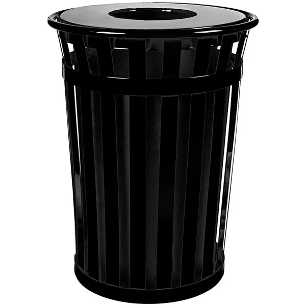 Witt Industries M3601-FT-BK Oakley Standard 36 Gallon Black Steel Round Outdoor Decorative Trash Can with Flat Top Lid Witt Industries M3601-FT-BK Oakley Standard 36 Gallon Black Steel Round Outdoor Decorative Trash Can with Flat Top Lid