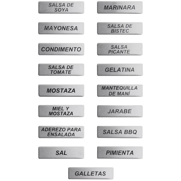 ServSense Magnetic Stainless Steel Condiment Labels for Self Service Station Organizers - Spanish - 17/Pack ServSense Magnetic Stainless Steel Condiment Labels for Self Service Station Organizers - Spanish - 17/Pack